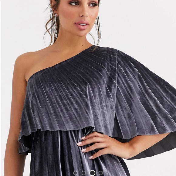 ASOS DESIGN One Shoulder Pleated Velvet Gray Silver Maxi Dress Size 4 - Picture 4 of 7